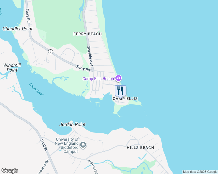 map of restaurants, bars, coffee shops, grocery stores, and more near 27 Main Avenue in Saco