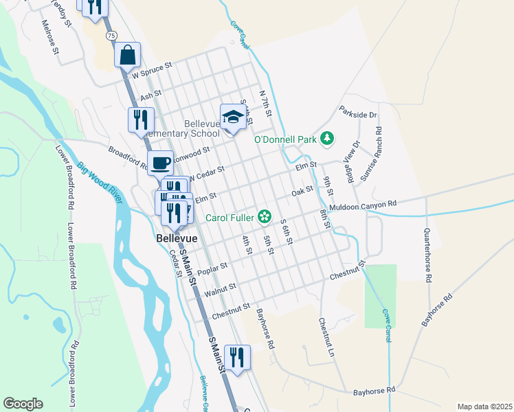 map of restaurants, bars, coffee shops, grocery stores, and more near Oak Street in Bellevue