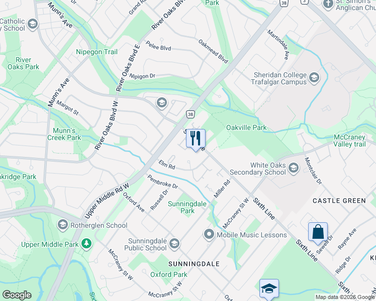 map of restaurants, bars, coffee shops, grocery stores, and more near 1512 Sixth Line in Oakville