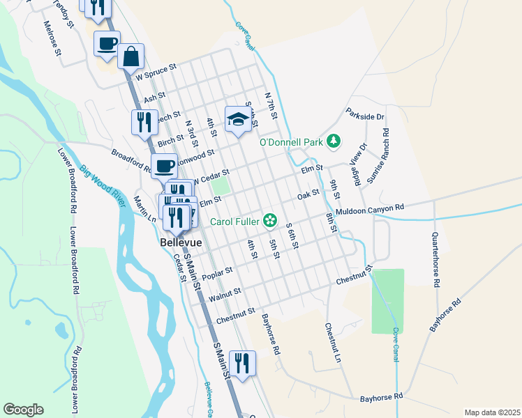 map of restaurants, bars, coffee shops, grocery stores, and more near Oak Street in Bellevue