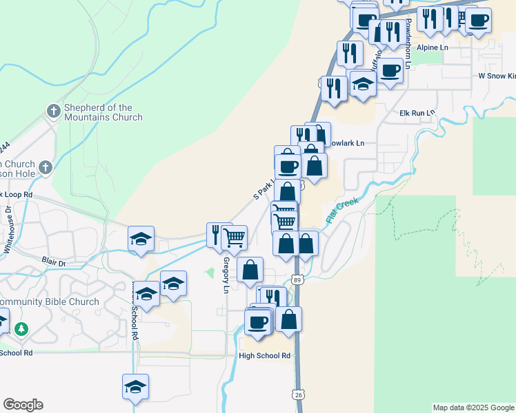 map of restaurants, bars, coffee shops, grocery stores, and more near 1010 S Park Loop Rd in Jackson