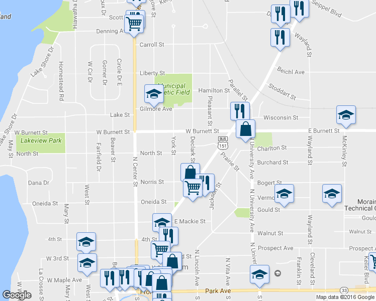 map of restaurants, bars, coffee shops, grocery stores, and more near 300 Declark Street in Beaver Dam