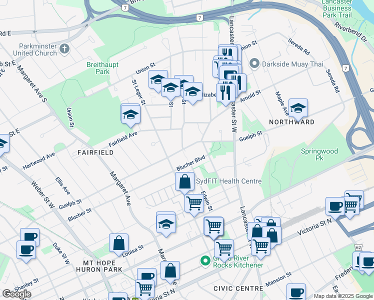 map of restaurants, bars, coffee shops, grocery stores, and more near 633 Guelph Street in Kitchener