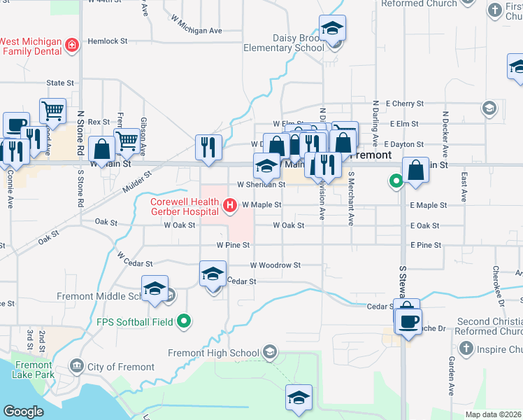 map of restaurants, bars, coffee shops, grocery stores, and more near 121 West Maple Street in Fremont