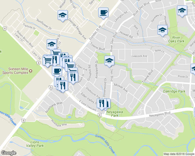 map of restaurants, bars, coffee shops, grocery stores, and more near 464 Ambleside Drive in Oakville