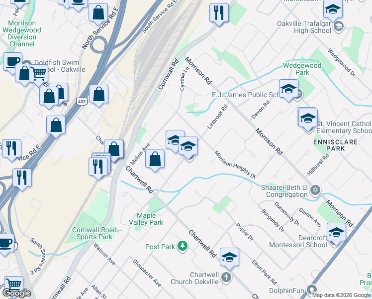 map of restaurants, bars, coffee shops, grocery stores, and more near 1095 Linbrook Road in Oakville