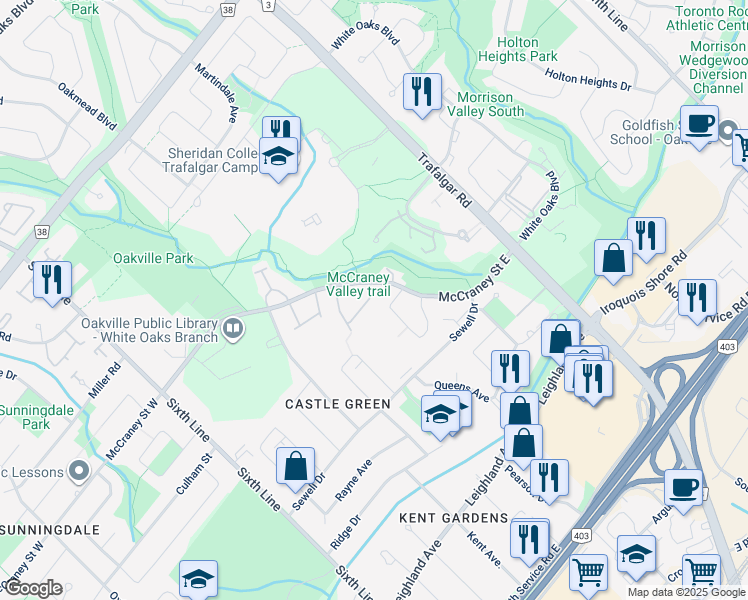 map of restaurants, bars, coffee shops, grocery stores, and more near 1232 McCraney Street East in Oakville