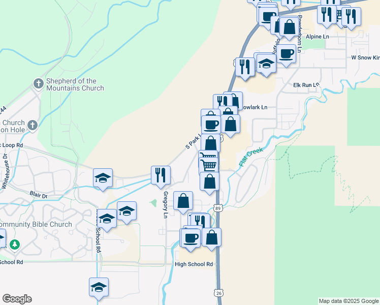 map of restaurants, bars, coffee shops, grocery stores, and more near 1010 S Park Loop Rd in Jackson