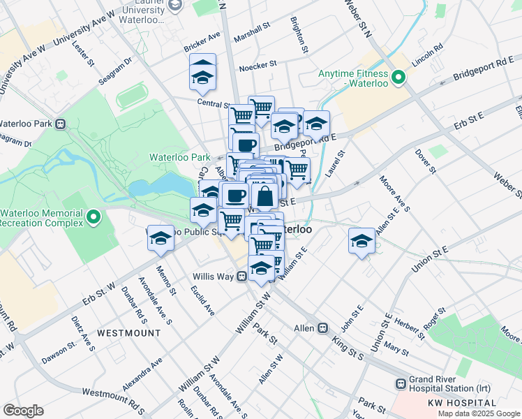 map of restaurants, bars, coffee shops, grocery stores, and more near in Waterloo