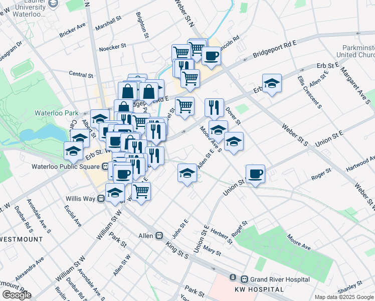 map of restaurants, bars, coffee shops, grocery stores, and more near 22 Willow Street in Waterloo