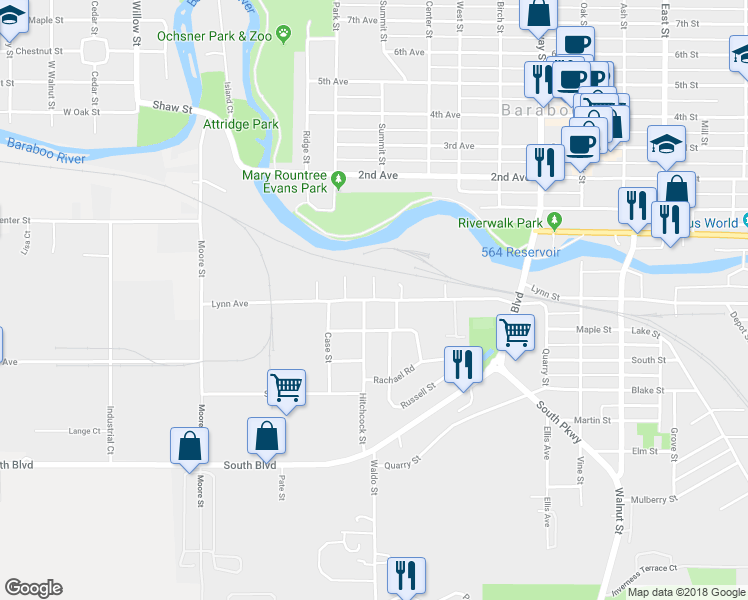 map of restaurants, bars, coffee shops, grocery stores, and more near 198 Pine Street in Baraboo
