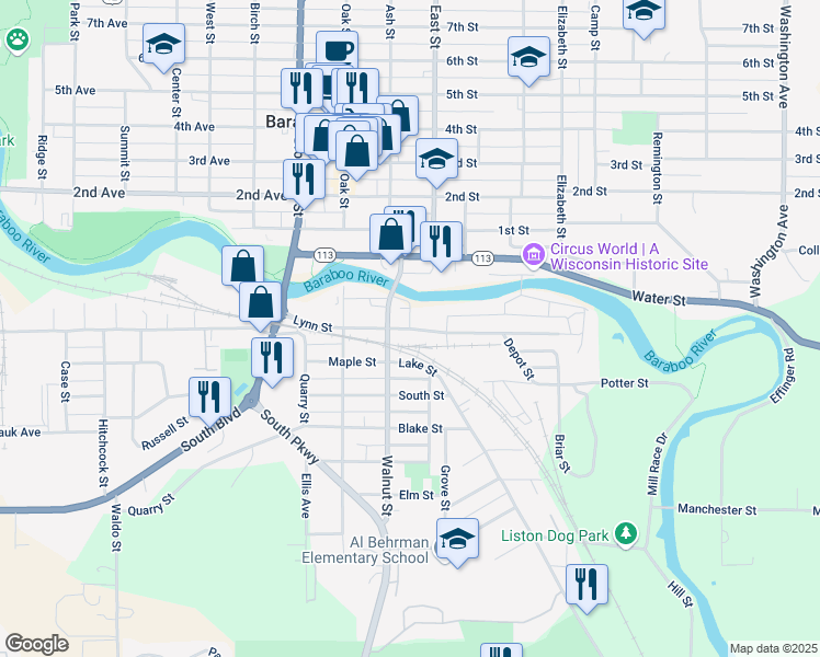 map of restaurants, bars, coffee shops, grocery stores, and more near Lynn Street in Baraboo