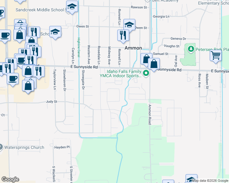 map of restaurants, bars, coffee shops, grocery stores, and more near 3210 East Sunnyside Road in Ammon