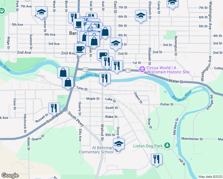 map of restaurants, bars, coffee shops, grocery stores, and more near Lynn Street in Baraboo