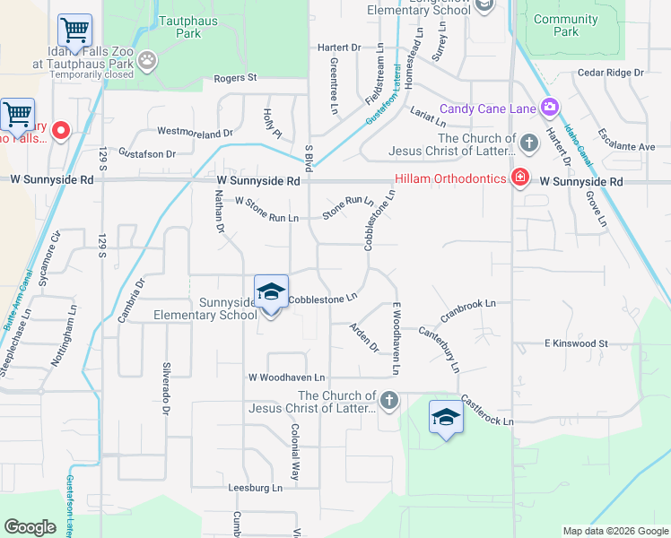 map of restaurants, bars, coffee shops, grocery stores, and more near 165 Harvest Run Drive in Idaho Falls
