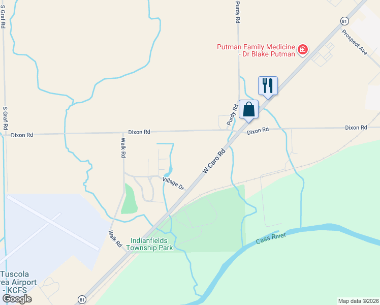 map of restaurants, bars, coffee shops, grocery stores, and more near 2101-2291 Dixon Road in Caro