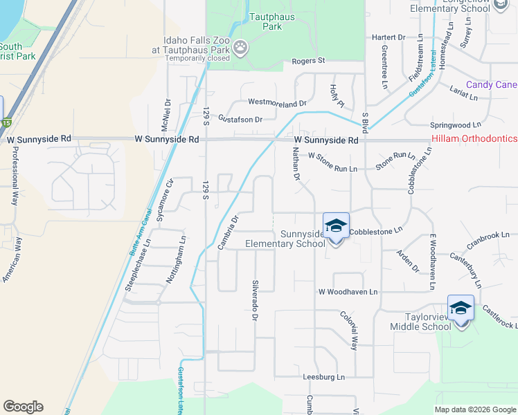 map of restaurants, bars, coffee shops, grocery stores, and more near 3608 Burgundy Drive in Idaho Falls