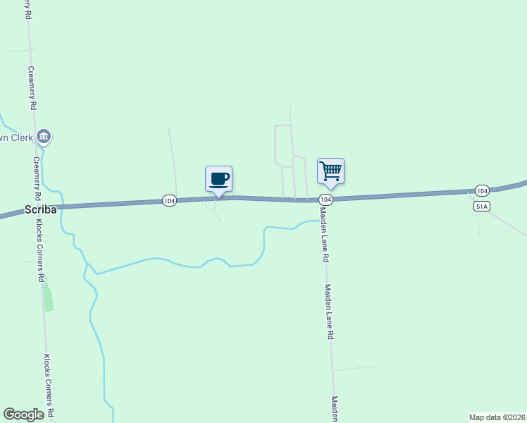 map of restaurants, bars, coffee shops, grocery stores, and more near 5373 New York 104 in Oswego