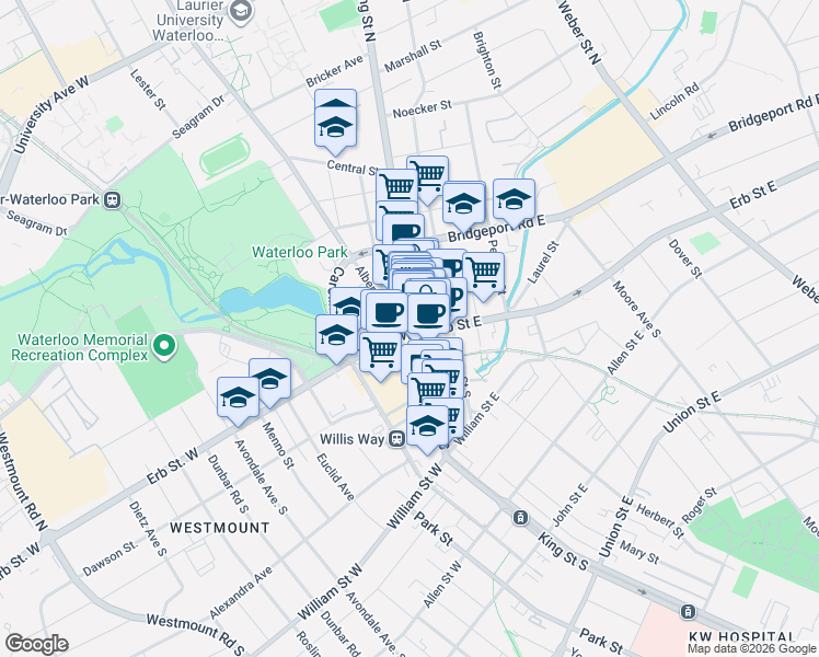 map of restaurants, bars, coffee shops, grocery stores, and more near 8 Erb Street West in Waterloo