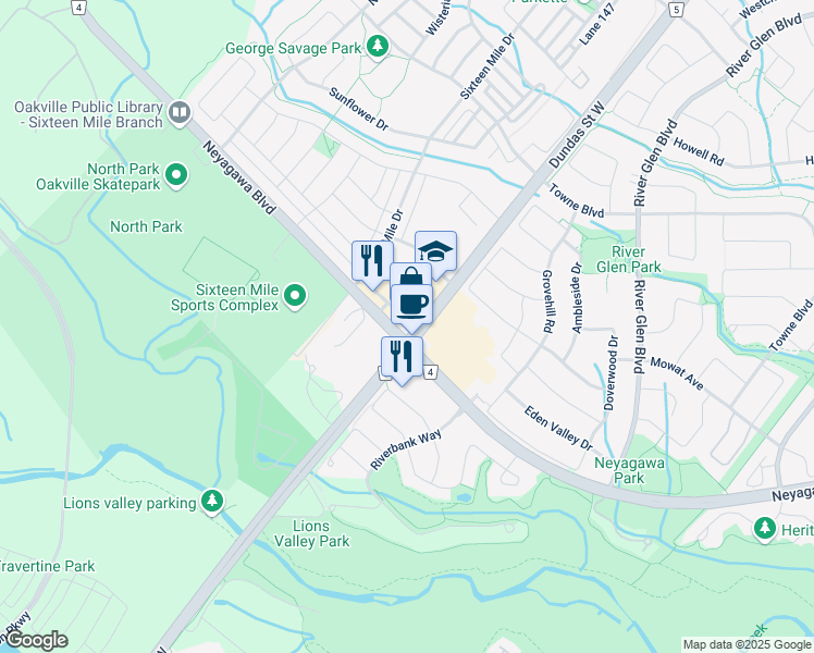 map of restaurants, bars, coffee shops, grocery stores, and more near 501 Dundas Street West in Oakville