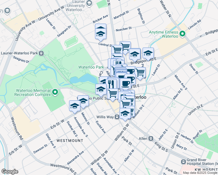 map of restaurants, bars, coffee shops, grocery stores, and more near 30 Erb Street West in Waterloo