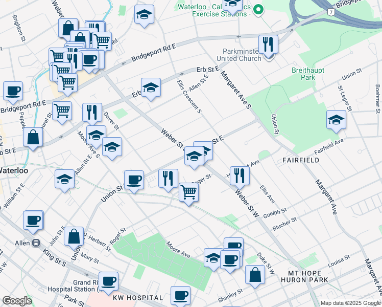 map of restaurants, bars, coffee shops, grocery stores, and more near Weber Street South & Union Street East in Waterloo