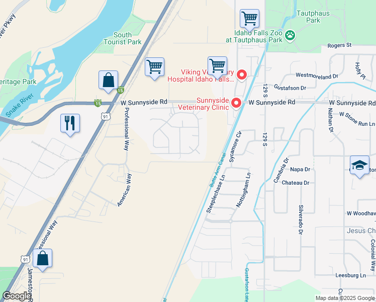map of restaurants, bars, coffee shops, grocery stores, and more near 3610 East Elswood Drive in Idaho Falls