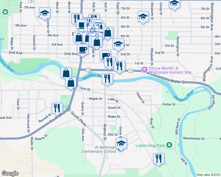 map of restaurants, bars, coffee shops, grocery stores, and more near 121 Walnut Street in Baraboo