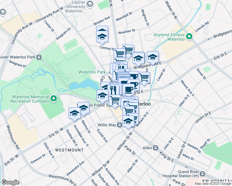 map of restaurants, bars, coffee shops, grocery stores, and more near 30 Erb Street West in Waterloo