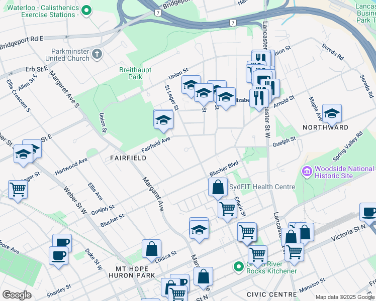 map of restaurants, bars, coffee shops, grocery stores, and more near Briarwood Place in Kitchener