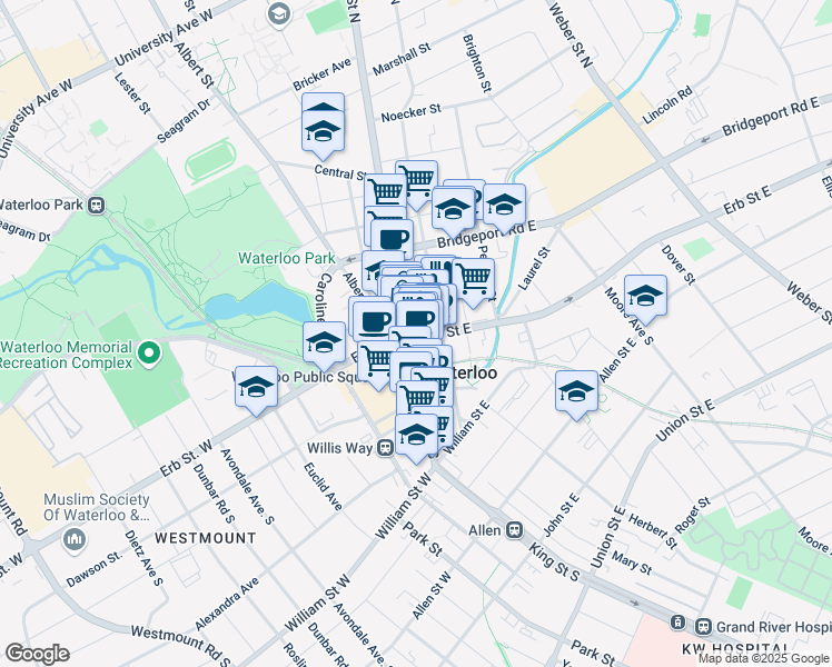 map of restaurants, bars, coffee shops, grocery stores, and more near in Waterloo