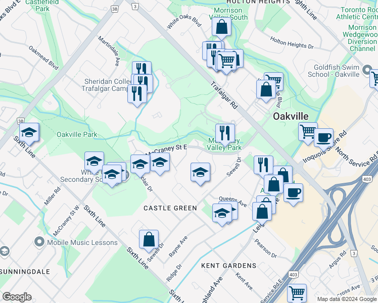 map of restaurants, bars, coffee shops, grocery stores, and more near 1232 McCraney Street East in Oakville
