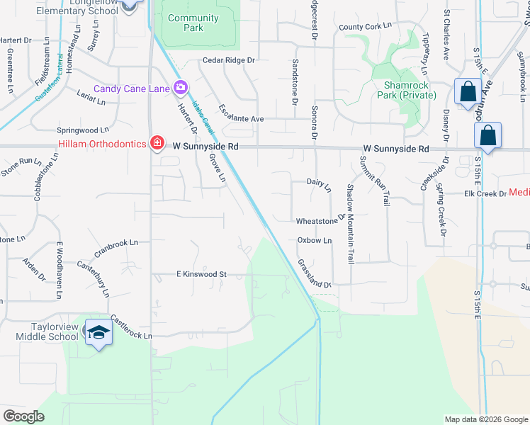 map of restaurants, bars, coffee shops, grocery stores, and more near 880 Wheatstone Dr in Idaho Falls