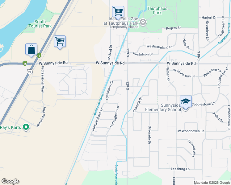 map of restaurants, bars, coffee shops, grocery stores, and more near Hickory Place in Idaho Falls