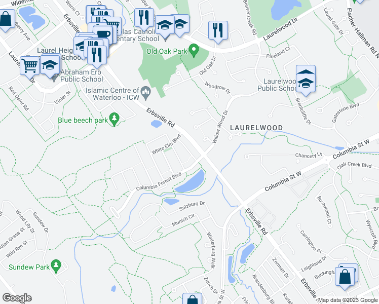map of restaurants, bars, coffee shops, grocery stores, and more near Basswood Street in Waterloo