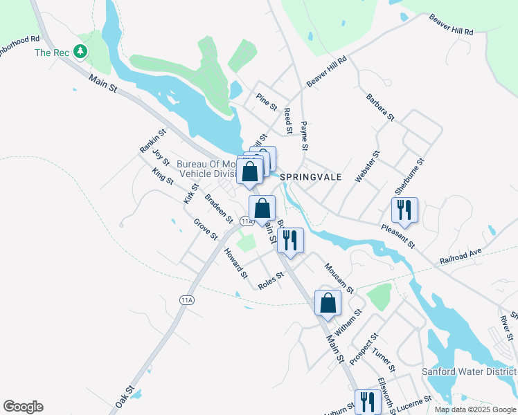 map of restaurants, bars, coffee shops, grocery stores, and more near 471 Main Street in Sanford