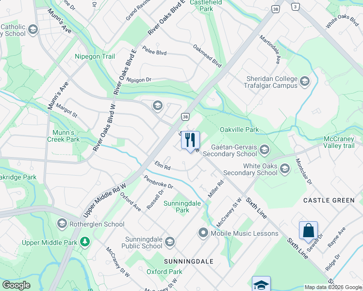 map of restaurants, bars, coffee shops, grocery stores, and more near 1520 Sixth Line in Oakville