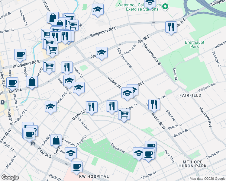 map of restaurants, bars, coffee shops, grocery stores, and more near 181 Rodney Street in Waterloo