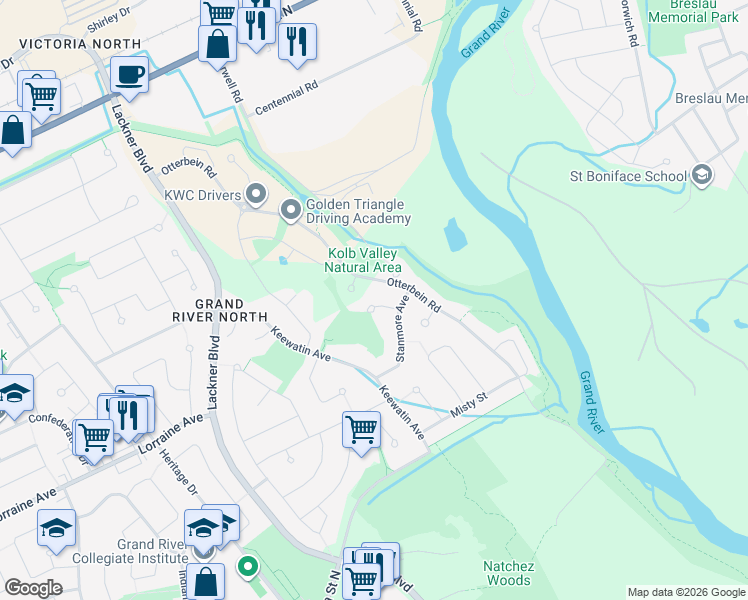 map of restaurants, bars, coffee shops, grocery stores, and more near 30 Gloucester Court in Kitchener