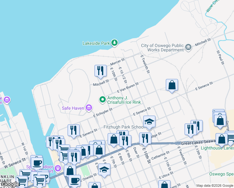 map of restaurants, bars, coffee shops, grocery stores, and more near 78 East 10th Street in Oswego
