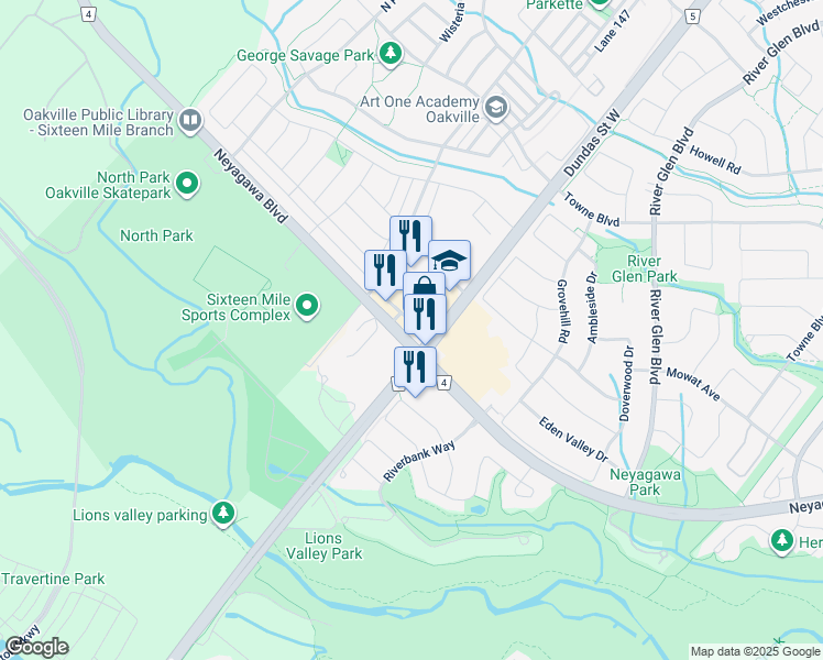 map of restaurants, bars, coffee shops, grocery stores, and more near 509 Dundas Street West in Oakville