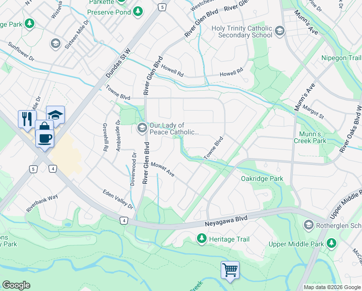 map of restaurants, bars, coffee shops, grocery stores, and more near Shannon Creek Trail in Oakville
