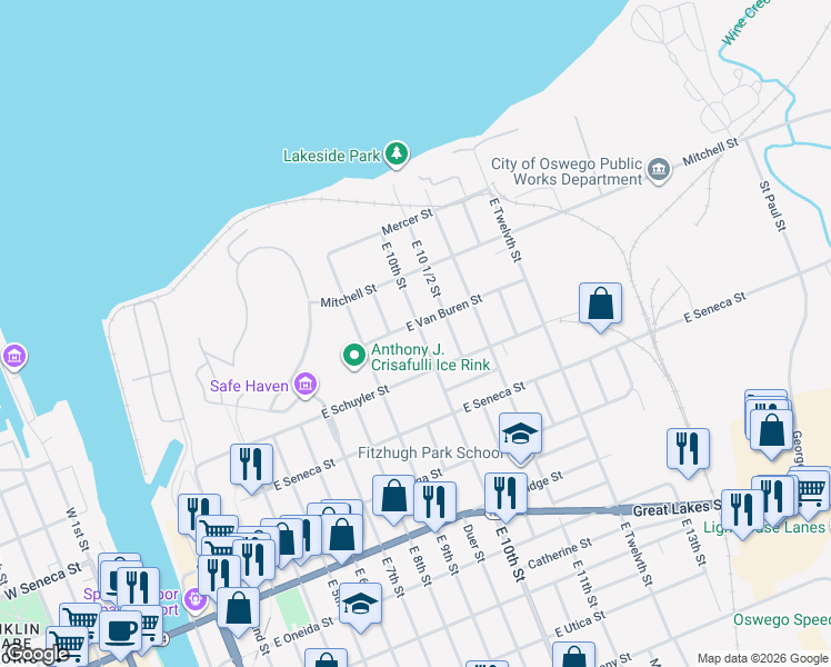 map of restaurants, bars, coffee shops, grocery stores, and more near 78 East 10th Street in Oswego