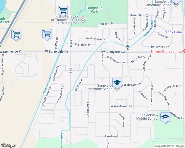map of restaurants, bars, coffee shops, grocery stores, and more near 3608 Burgundy Drive in Idaho Falls