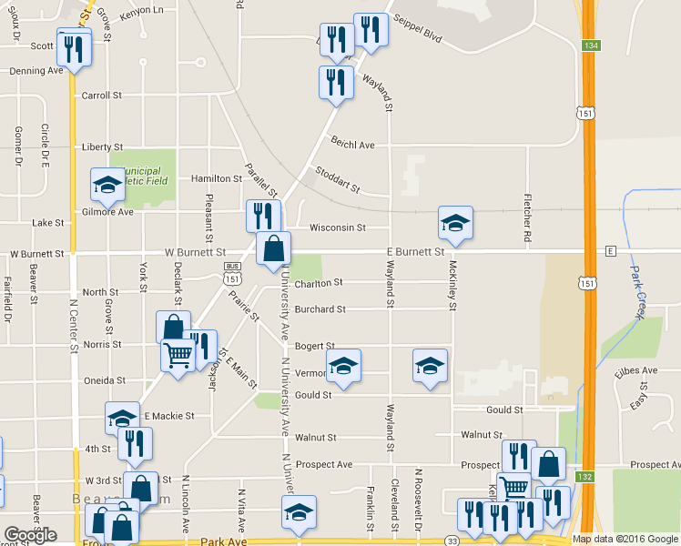 map of restaurants, bars, coffee shops, grocery stores, and more near 136 Charlton St in Beaver Dam