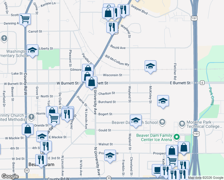 map of restaurants, bars, coffee shops, grocery stores, and more near 136 Charlton Street in Beaver Dam