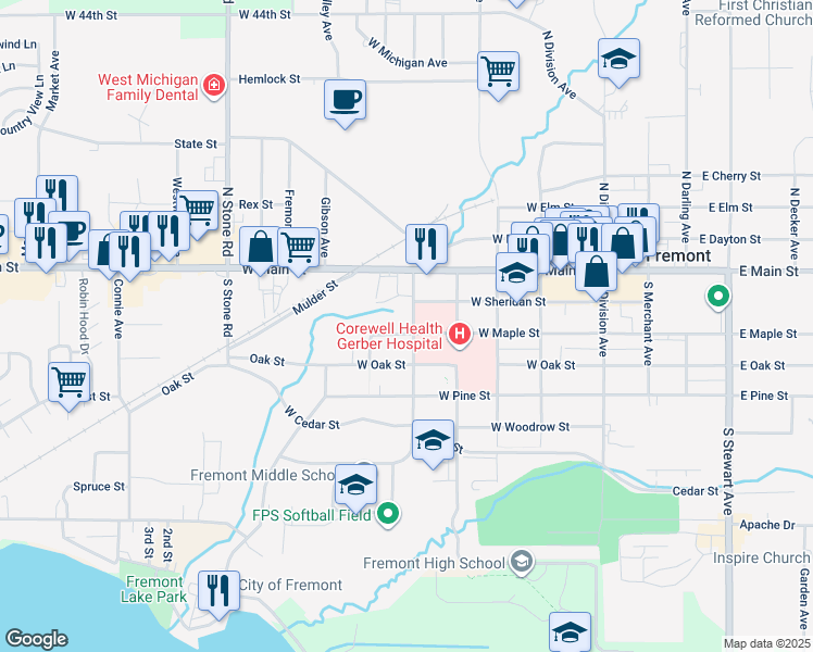 map of restaurants, bars, coffee shops, grocery stores, and more near 409 West Maple Street in Fremont