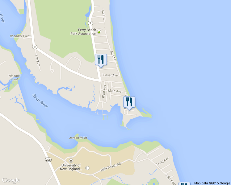 map of restaurants, bars, coffee shops, grocery stores, and more near 27 Main Ave in Saco