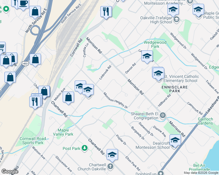 map of restaurants, bars, coffee shops, grocery stores, and more near 1179 Carey Road in Oakville