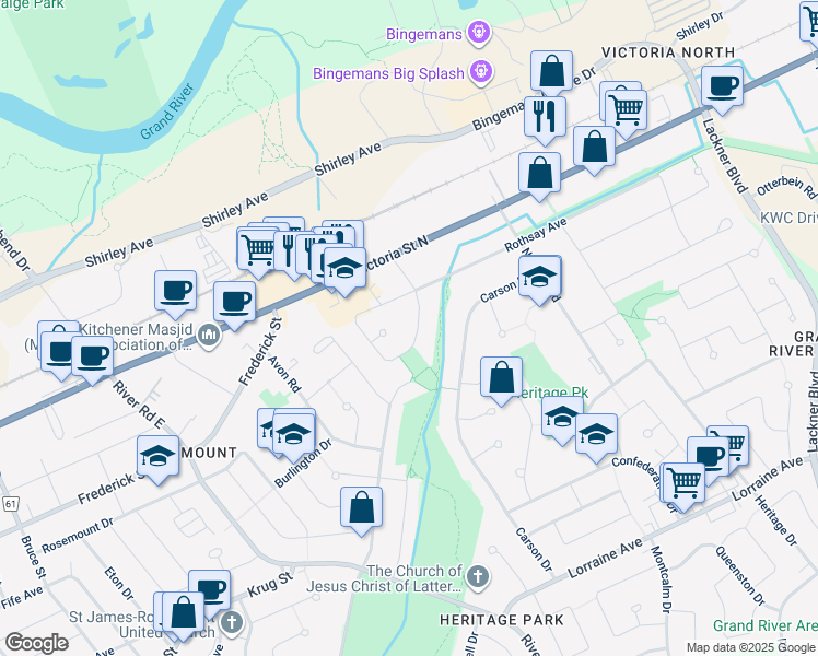 map of restaurants, bars, coffee shops, grocery stores, and more near 43 Forfar Avenue in Kitchener